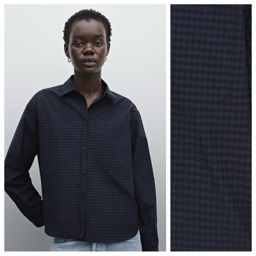 NWT. Massimo Dutti Blue/Black Cotton Blend Check Shirt. Size M.